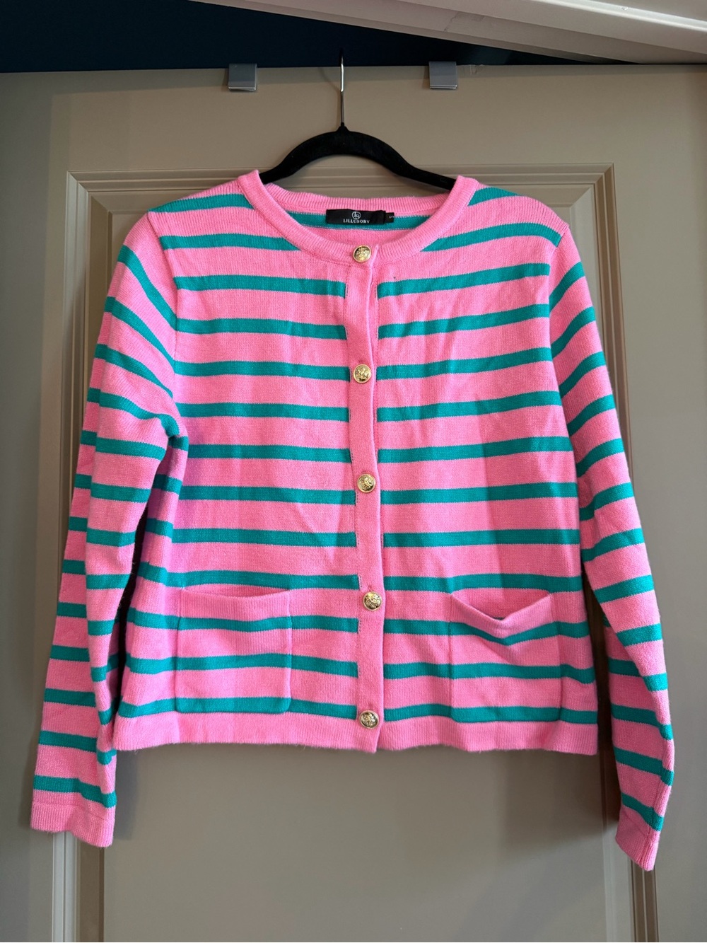 Pink and Teal Striped Button-Up Cardigan Sweater